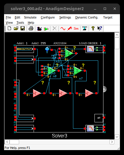 AnadigmDesigner2 schematic view showing three summing stages and three integrators wired into a routed three state linear solver