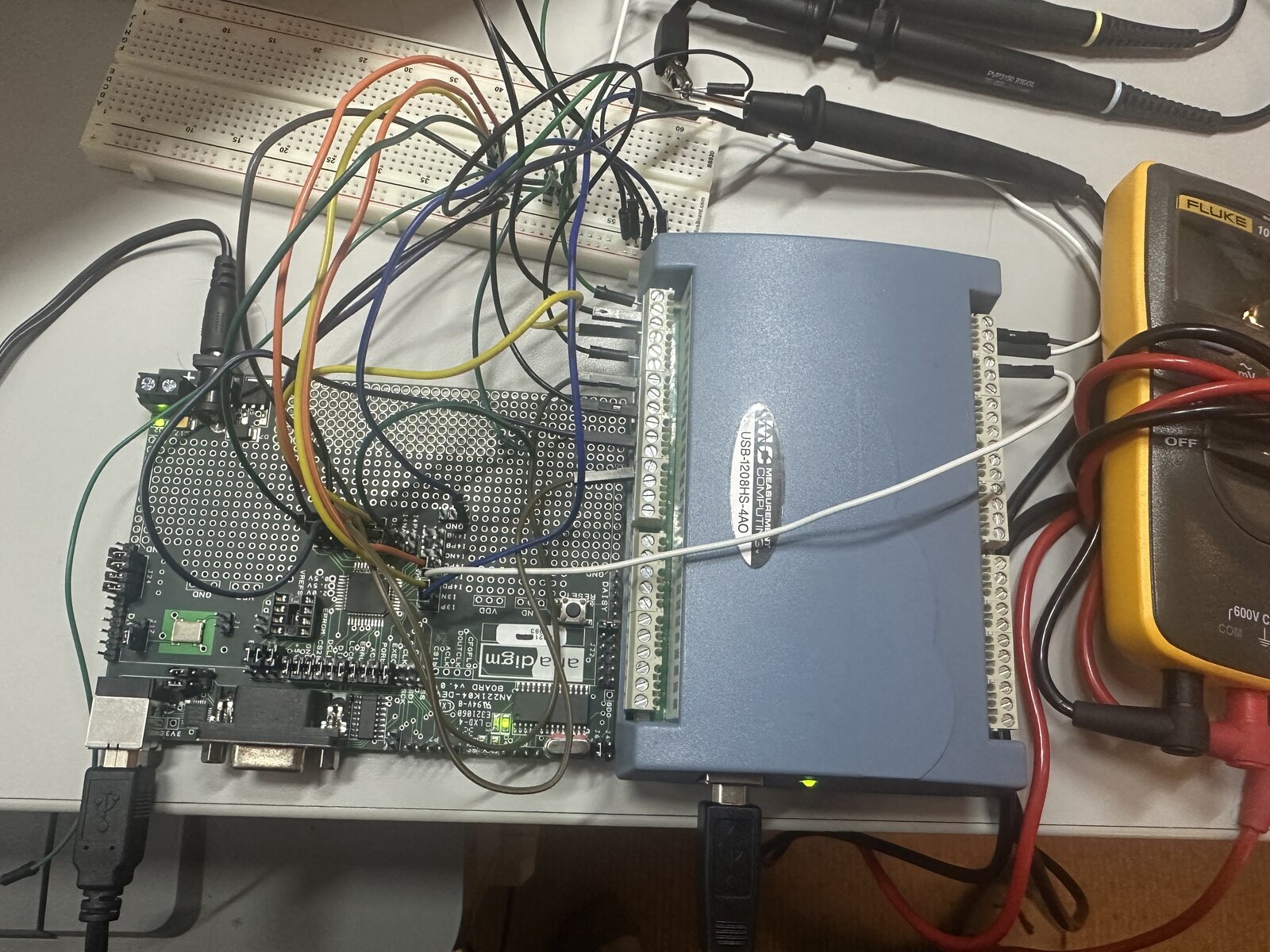 The bench: the FPAA board on the left, the DAQ in the middle, a multimeter on the right, and a breadboard above them carrying jumper wires