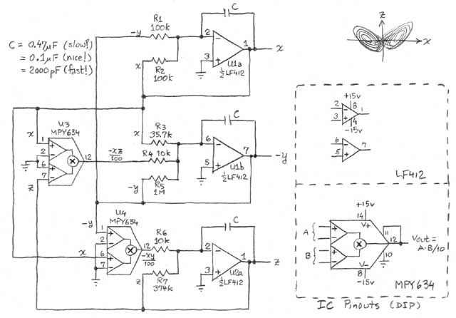 Paul Horowitz Lorenz attractor analog circuit schematic
